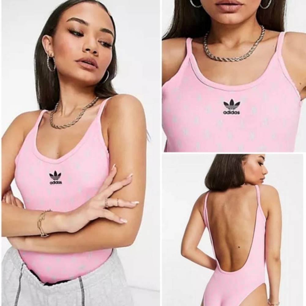NWT ADIDAS Originals Tank Allover Logo Bodysuit New Bubblegum Pink XL
